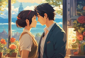 character illustrations of a married couple in anime and cartoon style.