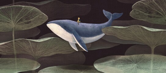 Boy riding a whale in surreal nature. imagination and dream concept art. © Jorm Sangsorn
