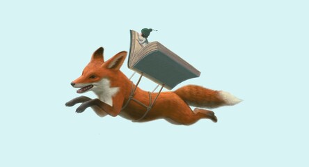 Girl and fox and book. education, imagination and dream concept art. surreal illustration. conceptual artwork. © Jorm Sangsorn