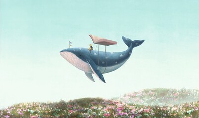 Boy and whale and book. education, imagination and dream concept art. surreal illustration. conceptual artwork © Jorm Sangsorn