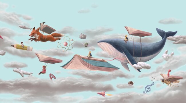 Kid, education, book, dream, imagination and back to school concept. fantasy art