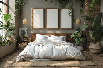 Cozy neutral bedroom three wall frames soft bedding natural light minimalist furnishings