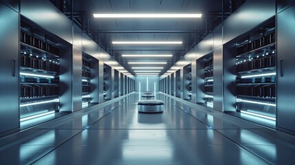 Fototapeta premium Futuristic data center with sleek robotic units and advanced server racks, highlighting high-tech automation