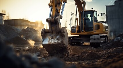 A close-up of an excavator working on a construction site, its shovel digging into the ground, digging up the ground as part of earthworks..