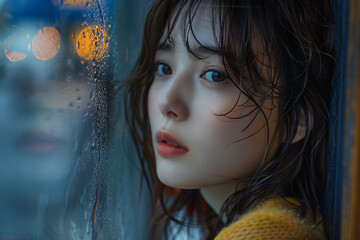 Portrait photo of a beautiful Asian woman looking out of a window during the rain, water drops on the window