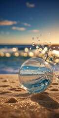 Close-up of a drop of the sea on the seashore, highlighting the texture of sand in a copy space image