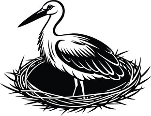 Stork bird sitting in the nest silhouette eps 10