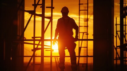 Fototapeta premium Silhouette of worker on building site, construction site