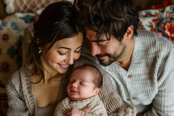 A happy mother and father holding their new born baby