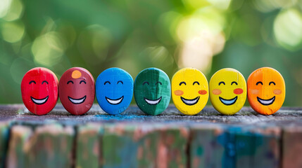 Happy faces, various face colors, mental health assessment, children's health, World Mental Health Day, Think Positive.幸せな表情、様々な表情の色,メンタルヘルス評価、子供の健康、世界メンタルヘルスデー、ポジティブに考える.Generative AI