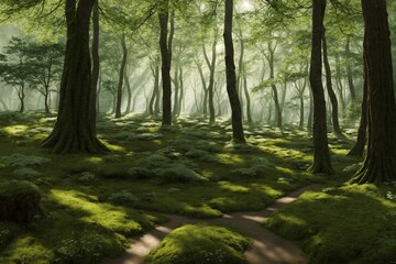 Naklejka premium A serene forest glade with dappled sunlight and a carpet of moss