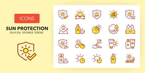 Line icons about sun protections. Contains such icons as sunscreen, sunglasses, waterproof and more. 256x256 Pixel Perfect editable in two colors