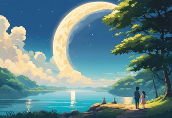 illustration of a lone person at night by moonlight in anime and cartoon style.