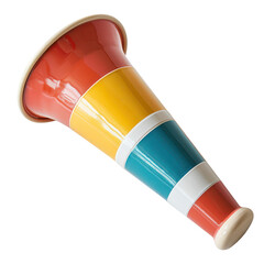 Colorful plastic toy megaphone on white background, ideal for kids' playtime and imaginative activities.
