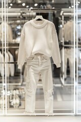 A white sweater and white jeans hang in a shop window. Stylish clothing store. Vertical orientation