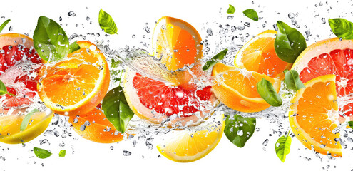 A dynamic splash of citrus fruits, including oranges and limes, with splashes of water against a white background