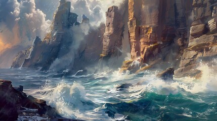 Dramatic Coastal Cliffs A dramatic vista of rugged coastal cliffs battered by the crashing waves of the ocean below. The sheer cliffs rise majestically from the foaming waters