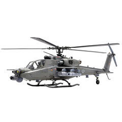 Fototapeta premium AH-1 Cobra attack helicopter isolated on transparent png background. A grey military helicopter with a red and white tail