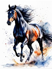 illustration of a galloping black horse, ink painting, watercolor, and abstract on a white background.