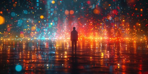 Fototapeta premium Urban Man in City Lights: Ultra-wide Banner with Blurred Background