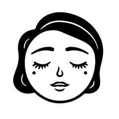A young woman with closed eyes, dark hair, and simple facial features