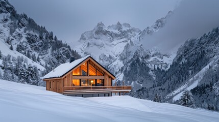 A cozy wooden cabin nestled in a snowy mountain valley, glowing with warm light.