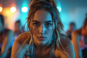 Fototapeta premium A blond woman looking focused in a spinning class