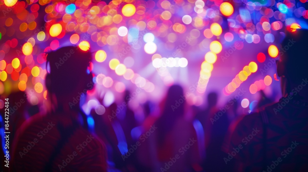 Poster defocused hues of neon lights and flashing stage effects create a vibrant backdrop for the pulsing b