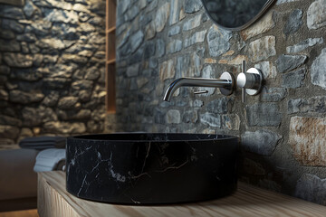 An ultra-realistic image of a modern bathroom featuring a stylish black marble round vessel sink and a wall-mounted faucet set against a stone wall