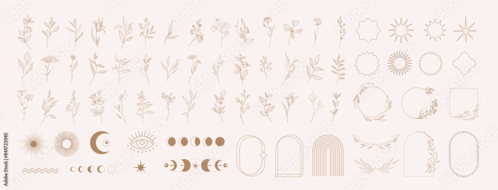 Wall mural set of geometric boho design elements icons and symbols. simple shapes forms and frames inspired ret
