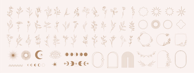 Set of geometric boho design elements icons and symbols. Simple shapes forms and frames inspired retro cosmic style © merfin