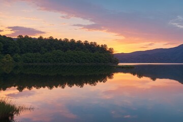 Obraz premium Serene Sunset over Tranquil Lake A serene sunset over a tranquil lake