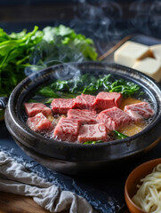 A sizzling beef steak with a side of colorful roasted vegetables