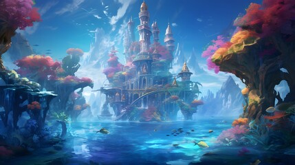 Fantasy landscape with ancient temple in the sea. 3D illustration