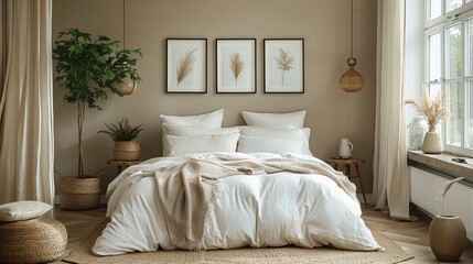 Minimalist bedroom beige and white color scheme three blank frames comfy bedding airy feel