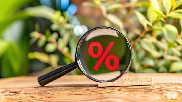 Magnifying glass showing red percentage sign on wooden table with green nature background. Economy and discounts, sale, business investment, finance, banking, marketing and interest rate concept