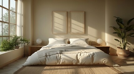 Minimalist bedroom beige and white color scheme three blank frames comfy bedding airy feel