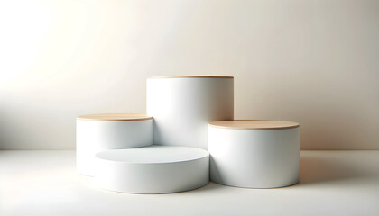 Abstract minimalist background with a 3D podium, perfect for product presentations. The clean white design and soft lighting create a modern and elegant scene