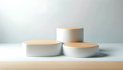 Abstract minimalist background with a 3D podium, perfect for product presentations. The clean white design and soft lighting create a modern and elegant scene