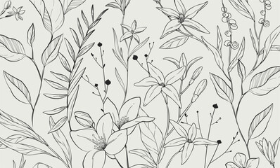 Floral bakground or wallpaper with bouquet of various flowers. Botanical foliage for wedding invitation or wall art. Vector illustration. Luxury inked