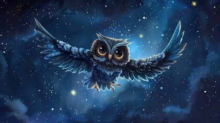 Playful owl cartoon with wide eyes and a small beak, flying through a starry night sky
