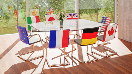 3d render. Concept: Conference Room for a G7 meeting with chairs with the flags of the seven participants plus European Union.