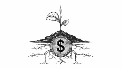 Drawing sketch illustration of a coin in the ground with roots and plant growing on it. Images can be used to illustrate future investment, economic growth, financial growth, business development.