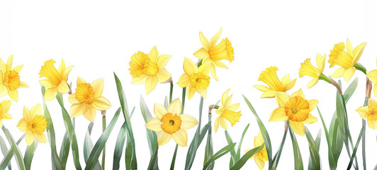 Seamless Horizontal Watercolor daffodil isolated on transparent background
