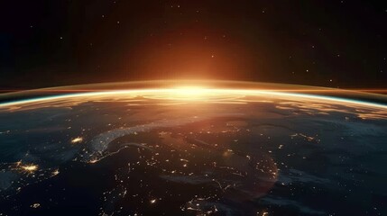 Obraz premium Stunning view of Earth's horizon from space, illuminated by a vibrant sunrise and scattered city lights.