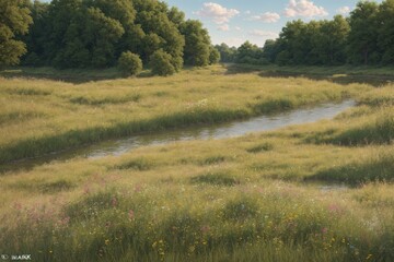 A serene riverbank with wildflowers and tall grasses swaying in the breeze
