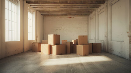 Moving boxes stacked in the middle of an empty room, ready to be opened and organized