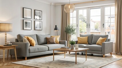 A cozy living room with a comfortable sofa, a stylish coffee table, and a soft rug.