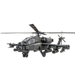 Apache AH-64 helicopter isolated on transparent png background. A large military helicopter is sitting on a white background