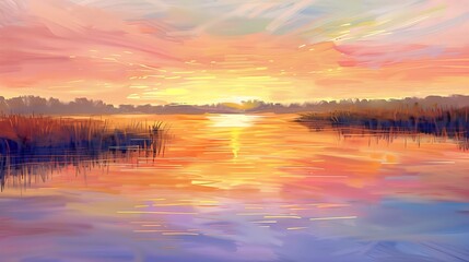 Tranquil Lakeside Sunset An idyllic scene of a tranquil lake reflecting the warm hues of a setting sun. The sky is painted with streaks of orange and pink 